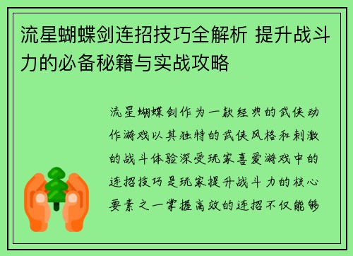 流星蝴蝶剑连招技巧全解析 提升战斗力的必备秘籍与实战攻略