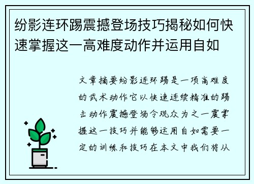 纷影连环踢震撼登场技巧揭秘如何快速掌握这一高难度动作并运用自如